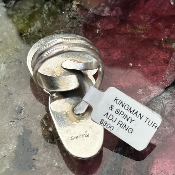 Navajo signed Kingman turquoise, spiny oyster sterling silver ring - Picture 7 of 8